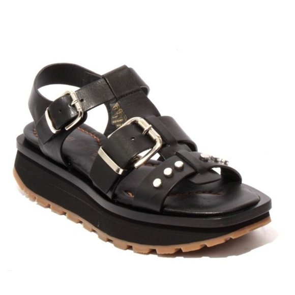 ITALIAN Black Leather Platform Slingback Sandals - Picture 1 of 8